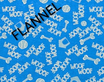 Woof on Blue Comfy Cotton Lightweight FLANNEL by A. E. Nathan. Quilting/Craft/Sewing/Dog FLANNEL Fabric.