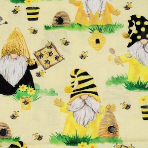 May include: A yellow background with a repeating pattern of gnomes, bees, and beehives. The gnomes are wearing yellow and black striped hats and have white beards. The bees are yellow and black and are flying around the gnomes and beehives.