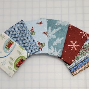 6 Piece FQ Bundle--Christmas Vintage Look Fabrics/Blue & Dk Red Cotton Fabric. Quilting/Sewing/Craft Fabric Bundle.