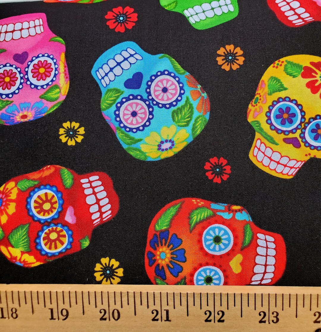 Colorful Sugar Skulls on Black Cotton Fabric from Timeless Treasures ...