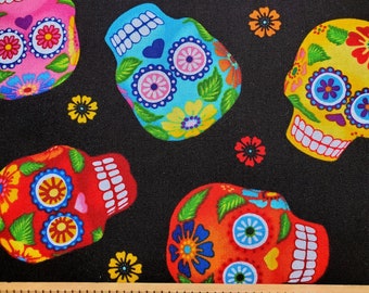 Colorful Sugar Skulls on Black Cotton  Fabric from Timeless Treasures. Quilting/Craft/Apparel Fabric.