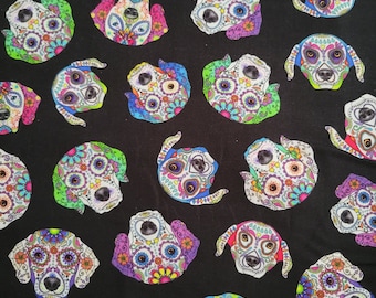 Day of the Dead Dog Heads on Black Cotton Fabric by Timeless Treasures. Canine/Sugar Skull/Craft/Quilting/Apparel Fabric.