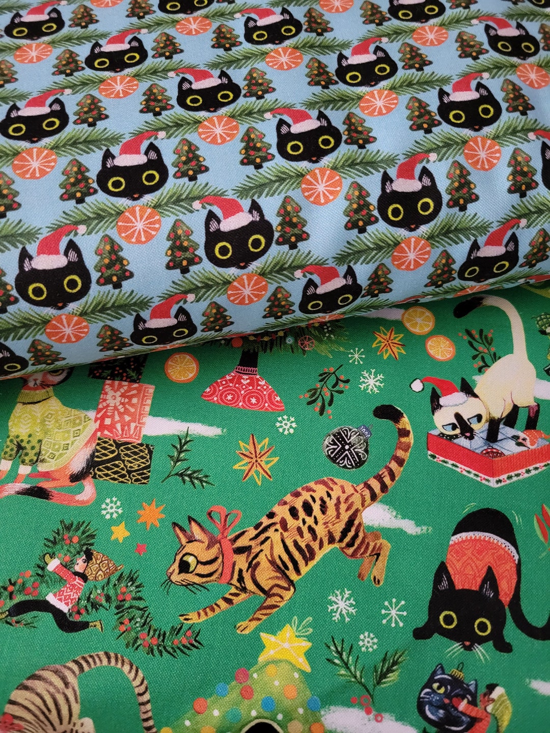 Not Ameowsed Christmas Cat Fabric Cat Heads and Pixie Play/pine From