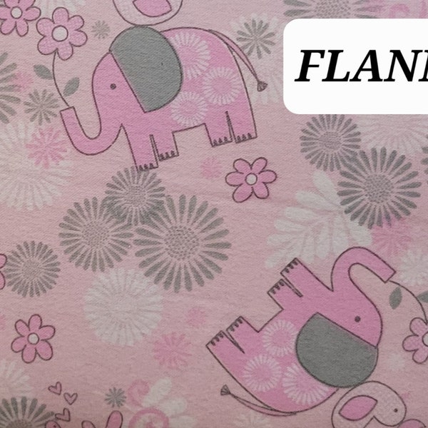 Pink/Gray Elephant, Bird and Flower Cotton FLANNEL from A. E. Nathan. Quilting/Craft/Kids/Baby/Nursery FLANNEL Fabric.