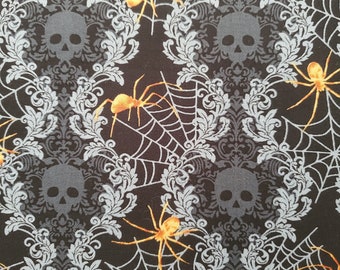 Spooky Night Black Damask Skull and Spider Stripe Cotton Fabric from Studio E Fabrics. Quilting/Craft/apparel Fabric.