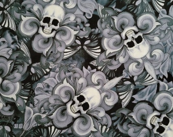 Black Tossed Skull Fleur De Lis Cotton Fabric from Timeless Treasures. Goth/Halloween/Skull/Butterfly/Quilting Fabric.