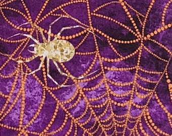 Purple with Orange Spiderweb/White-Gold Spiders Cotton Halloween Fabric "Boo" by Hoffman Fabrics. Craft/Quilting Fabric.