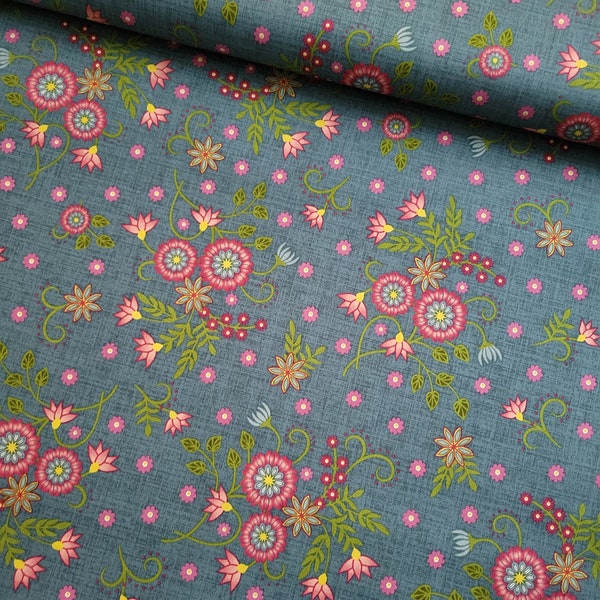 Flower and Vine Floral Allover Blue Cotton Fabric by Monique Jacobs for Maywood Studio. Folk/Quilting/Craft/Apparel Fabric.