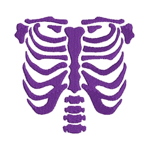 May include: Purple outline of a ribcage and spine, a Halloween decoration.