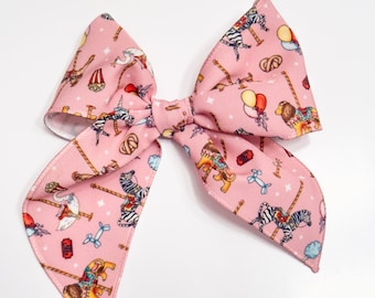 XL Carousel Carnival Hair bow- Pink, Lion, popcorn, swan, fun, theme park