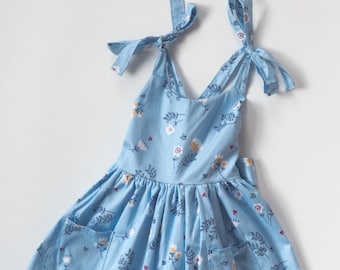 Lucy Sophia- The Bella Dress- Toddler, little girls, tie straps, blue, floral, pockets, fully lined, twirl, adjustable, stretchy, kids