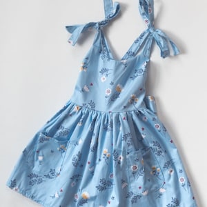 Lucy Sophia- The Bella Dress- Toddler, little girls, tie straps, blue, floral, pockets, fully lined, twirl, adjustable, stretchy, kids