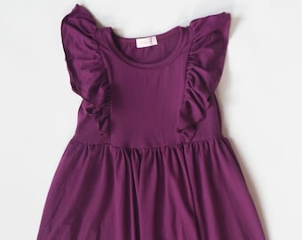 Lucy Sophia Toddler Dress- The Vivienne Dress- Ballerina Pink, Purple Plum, front ruffle, flutter sleeves, playtime, soft, comfortable