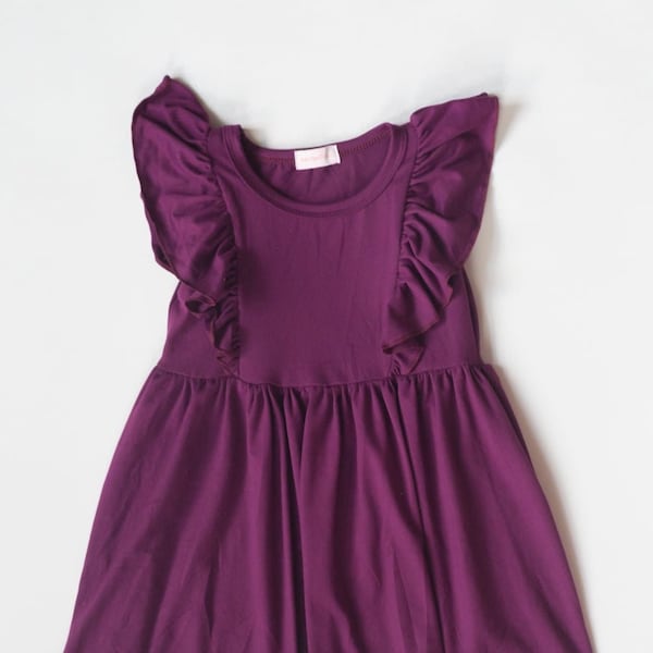 Lucy Sophia Toddler Dress- The Vivienne Dress- Ballerina Pink, Purple Plum, front ruffle, flutter sleeves, playtime, soft, comfortable