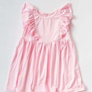 Lucy Sophia Toddler Dress- The Vivienne Dress- Ballerina Pink, Purple Plum, front ruffle, flutter sleeves, playtime, soft, comfortable