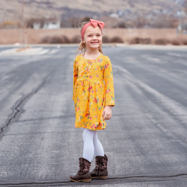 Floral Long Sleeve Toddler Dress Toddler, kid, Milk Silk, Snaps, Fall, Dress, Yellow, Flowers, Matching, fall dresses, toddler autumn dress image 2