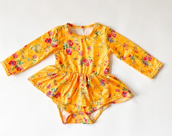 Floral Long Sleeve Skirted Romper- Baby, infant, Milk Silk, Snaps, Fall, Dress, Yellow, Flowers, Matching