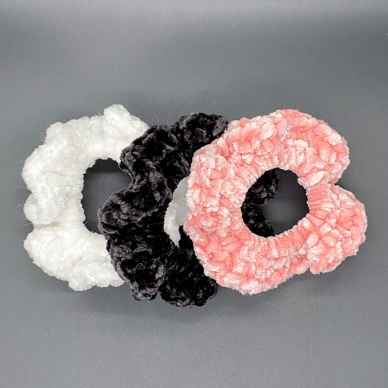 Velvet Crocheted Scrunchie pink crochet scrunchie, black crochet scrunchie, white crochet scrunchie, velvet crochet hair accessories image 1