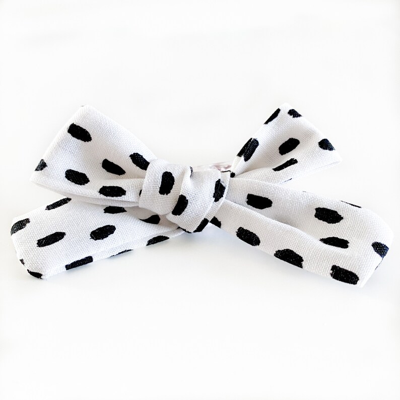 White and Black Dot Hair Bow Alligator clip, polkadots, paint dots, dalmation, kids, baby, mamas, girls, tween, teen image 2