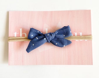 Baby Toddler Denim Polkadot Headband- Blue, white, handmade, tan nylon, child, gift, baby shower