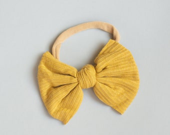 Lucy Sophia "Eliza" Headband in Honey- Infant headband, baby headband, knit bow, tan nylon headband, yellow, boutique, toddler headband,