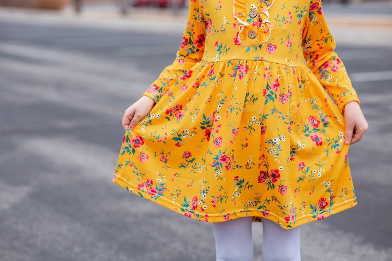 Floral Long Sleeve Toddler Dress Toddler, kid, Milk Silk, Snaps, Fall, Dress, Yellow, Flowers, Matching, fall dresses, toddler autumn dress image 3