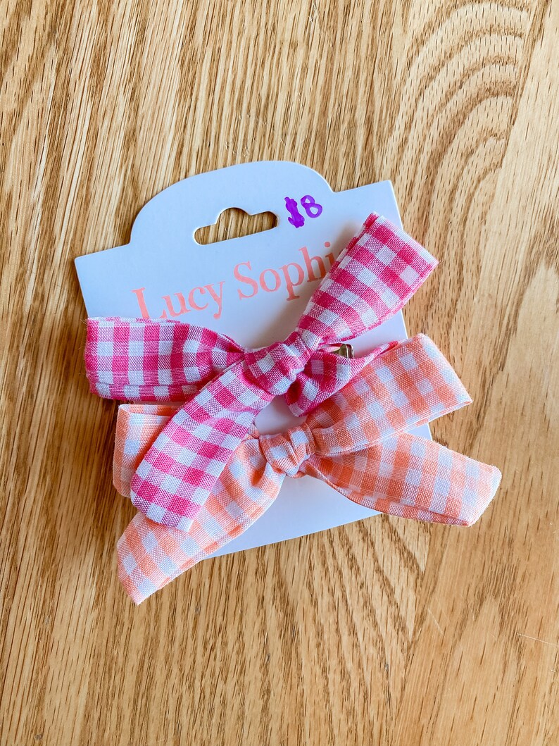 Picnic Schoolgirl Hair Bow Set Pink gingham Hair bow, orange gingham hair bow image 1