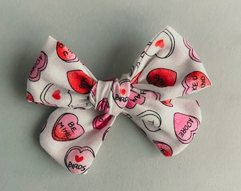 Pink White Love Hearts Valentines Hair Bow- Girls hair bows, Valentines bow, heart bow, girls hair accessories, alligator clip