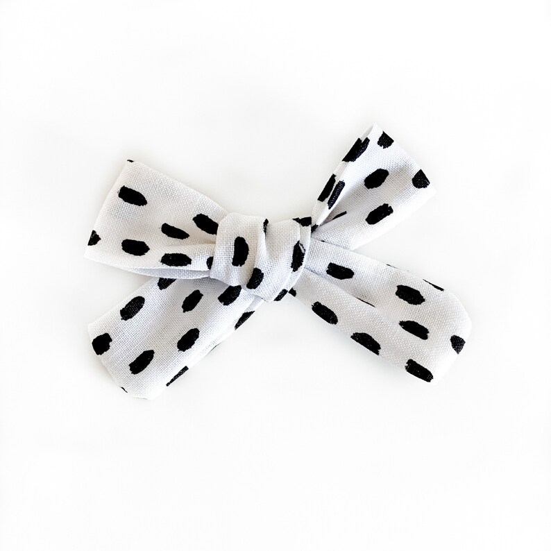 White and Black Dot Hair Bow Alligator clip, polkadots, paint dots, dalmation, kids, baby, mamas, girls, tween, teen image 1