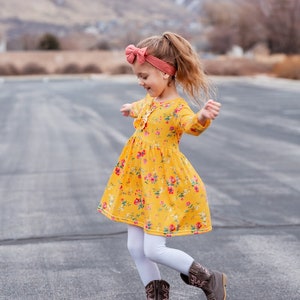 Floral Long Sleeve Toddler Dress Toddler, kid, Milk Silk, Snaps, Fall, Dress, Yellow, Flowers, Matching, fall dresses, toddler autumn dress image 1