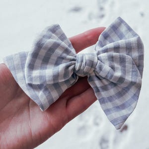 Blue & White Gingham Bow- Baby bow, toddler bow, check print, handmade, small bow, infant, boutique, baby blue