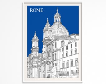 Rome - Italy - Printable Wall Art Of Rome - Rome Travel Poster - Rome Drawing  - Piazza Navona Roma - City Downloadable Wall Art