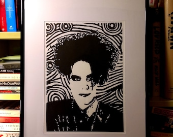 Robert Smith Original Handmade Linocut Print Portrait - Music Icons - Rock Icons - Limited Edition