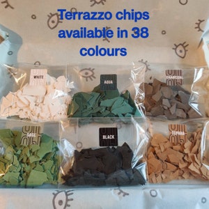 Jesmonite, terrazzo, chips, colourway, pre-made, ecrilymer, aquaresin, decorative, pieces, multicolour, coaster, vase, handmade, bright,