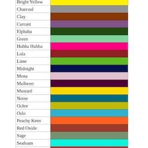 May include: A chart showing a list of pigment colors with their corresponding names. The colors are arranged in rows, with the names listed in the left column and the colors displayed in the right column. The colors include aqua, black, blue, blush, bright red, bright yellow, charcoal, clay, currant, elphaba, green, hubba hubba, lola, lime, midnight, mona, mulberet, mustard, norse, ochre, oslo, peachy keen, red oxide, sage, seafoam, strawberry, sunset, tephra, toffee, truffle, white, and yellow oxide.