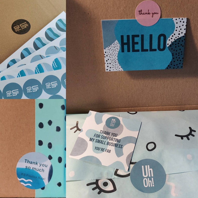 May include: A small business thank you package with blue and white patterned tissue paper, a blue and white patterned card with the text "Thank you for supporting my small business, you're fab", a blue and white patterned card with the text "Hello", a pink sticker with the text "thank you", and a blue and white sticker with the text "Uh Oh!"