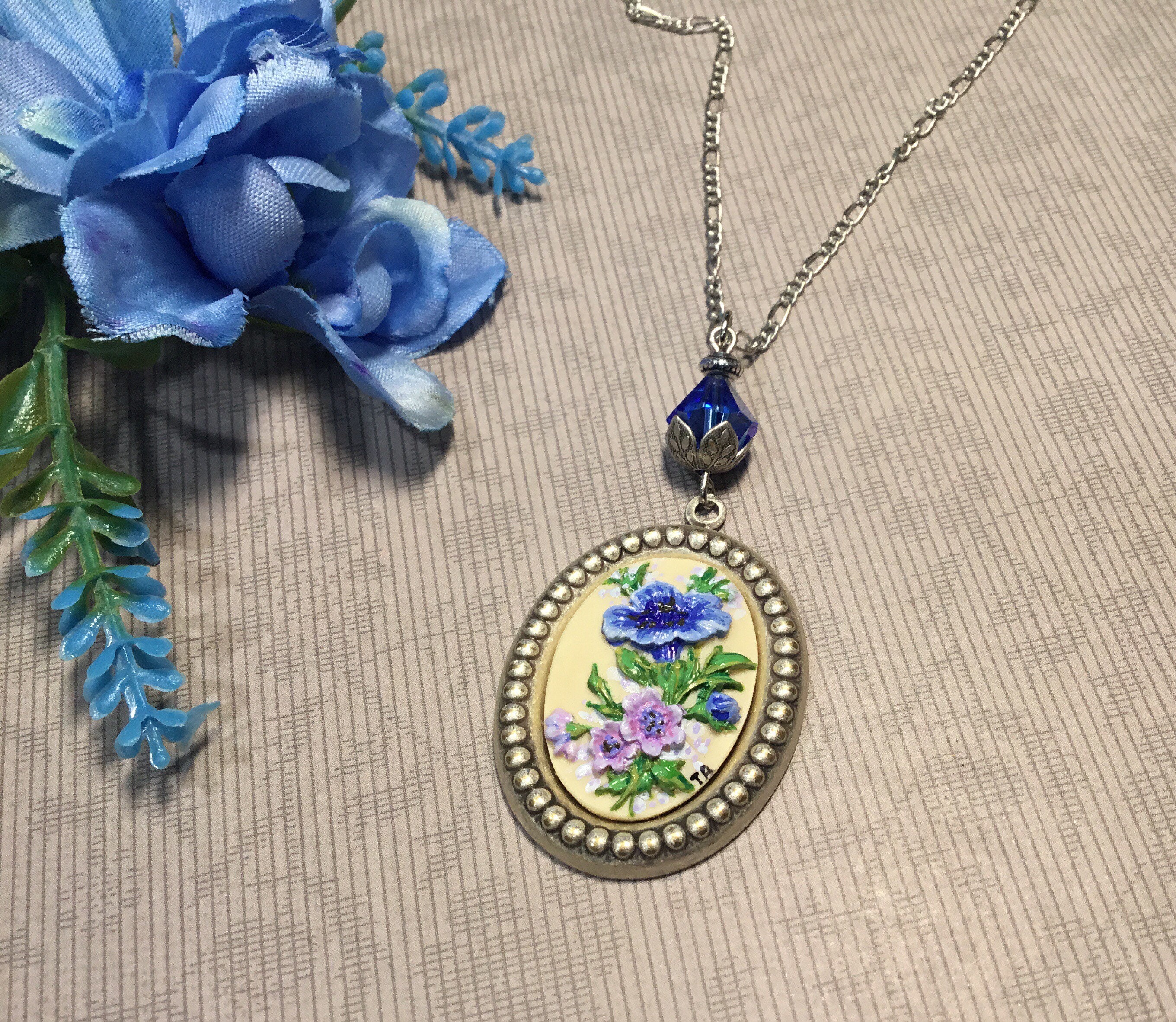 Painted Blue Flower Cameo Pendant Vintage Blue Crystal Bead - Etsy UK