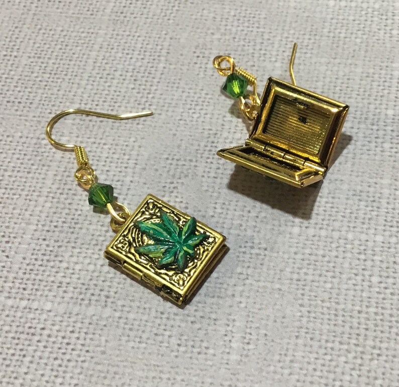 keepsake cannabis earrings. hand painted tiny book earrings Book lovers gift Cute photo Tiny cannabis marijuana weed earrings
