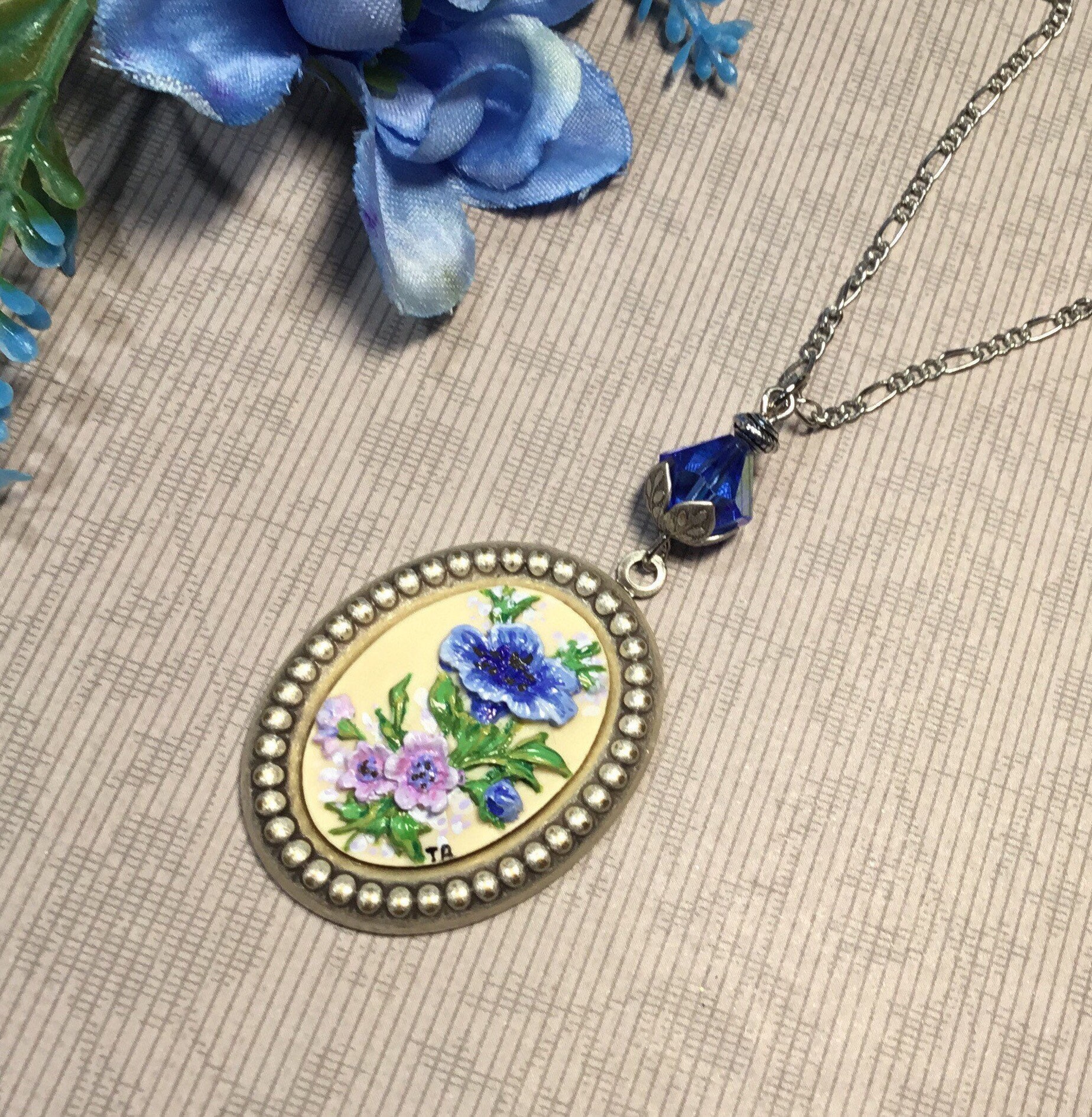 Painted Blue Flower Cameo Pendant Vintage Blue Crystal Bead - Etsy UK