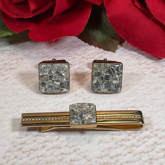 Anson Confetti Cufflinks and Tie Bar Set Vintage Square Gold Etsy