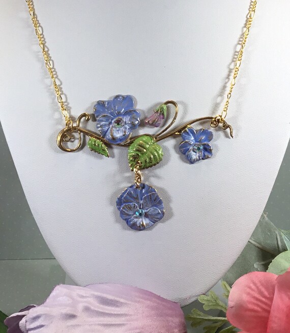 Viola Flower Necklace Hand Painted Floral Necklace Gold Etsy