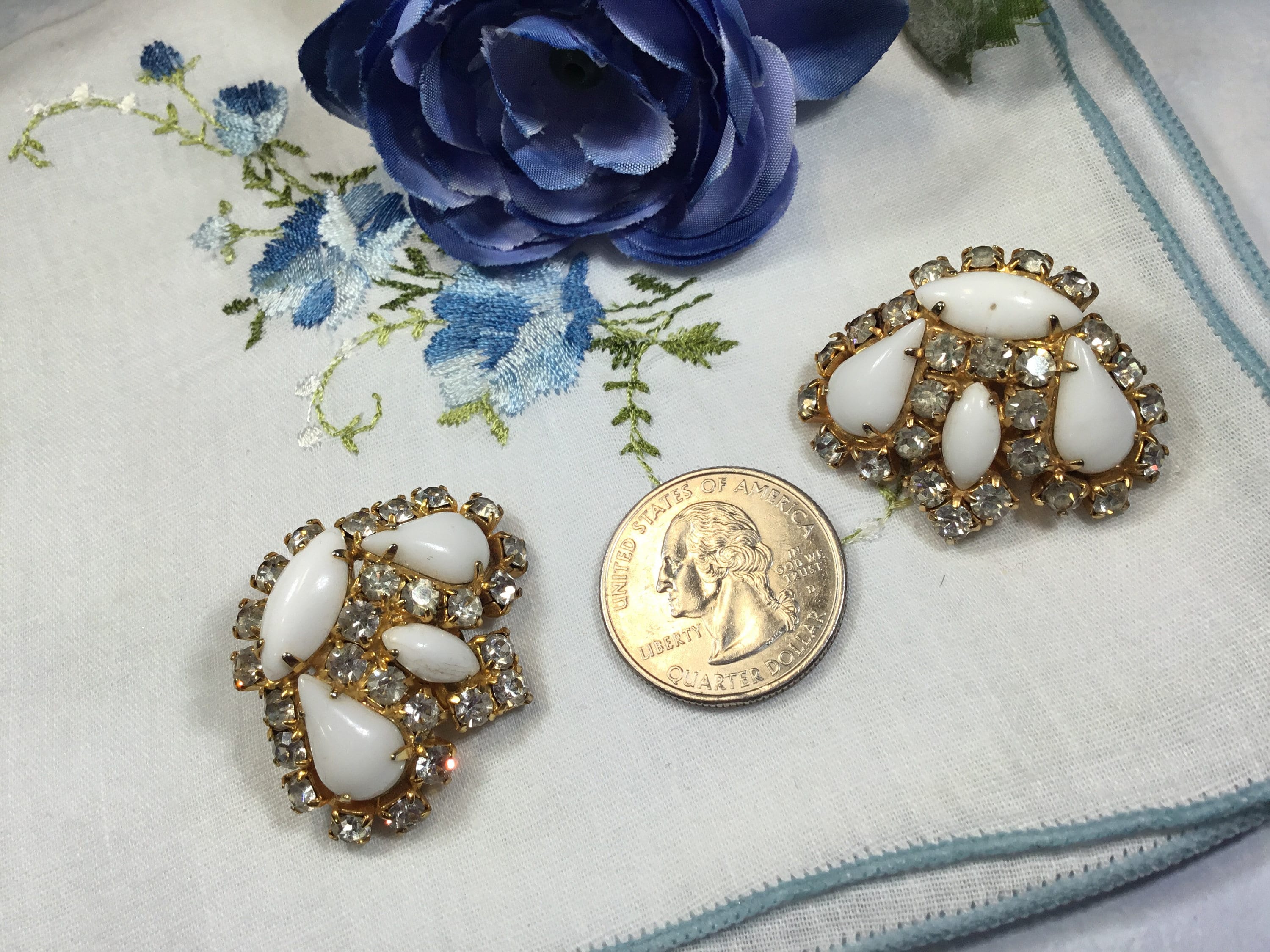 mid century gold tone Vintage crown clip on earrings clear and white rhinestone clip ons.