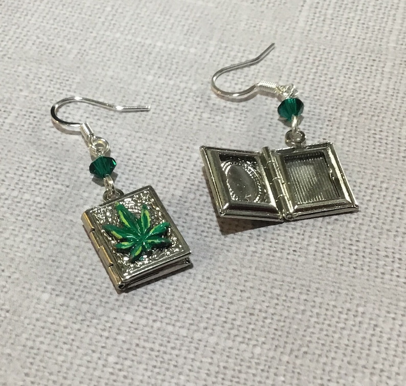 keepsake cannabis earrings. hand painted tiny book earrings Book lovers gift Cute photo Tiny cannabis marijuana weed earrings