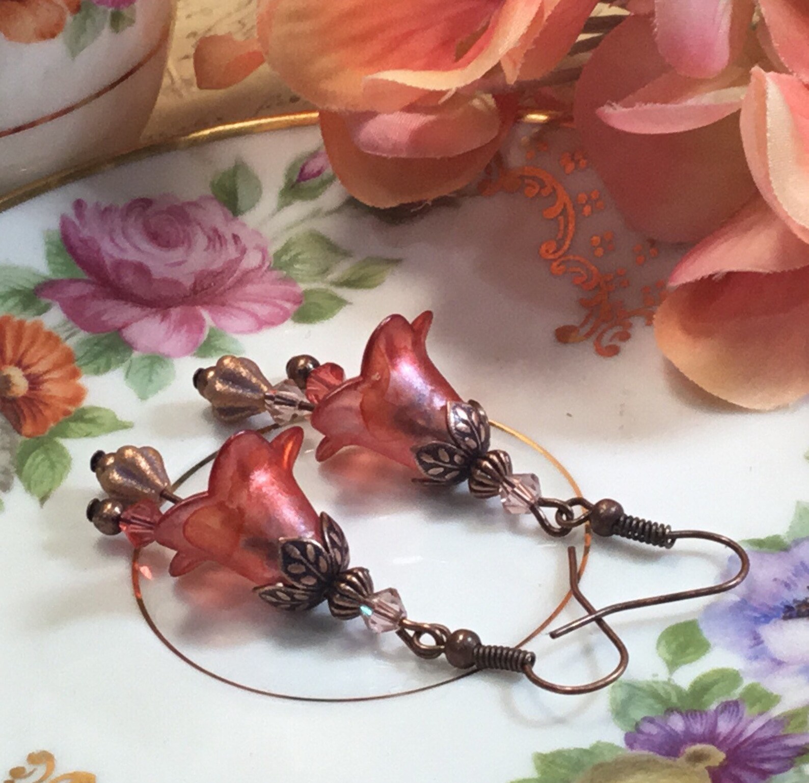 Copper Bellflower Earrings Dainty Lucite Flower Earrings Etsy