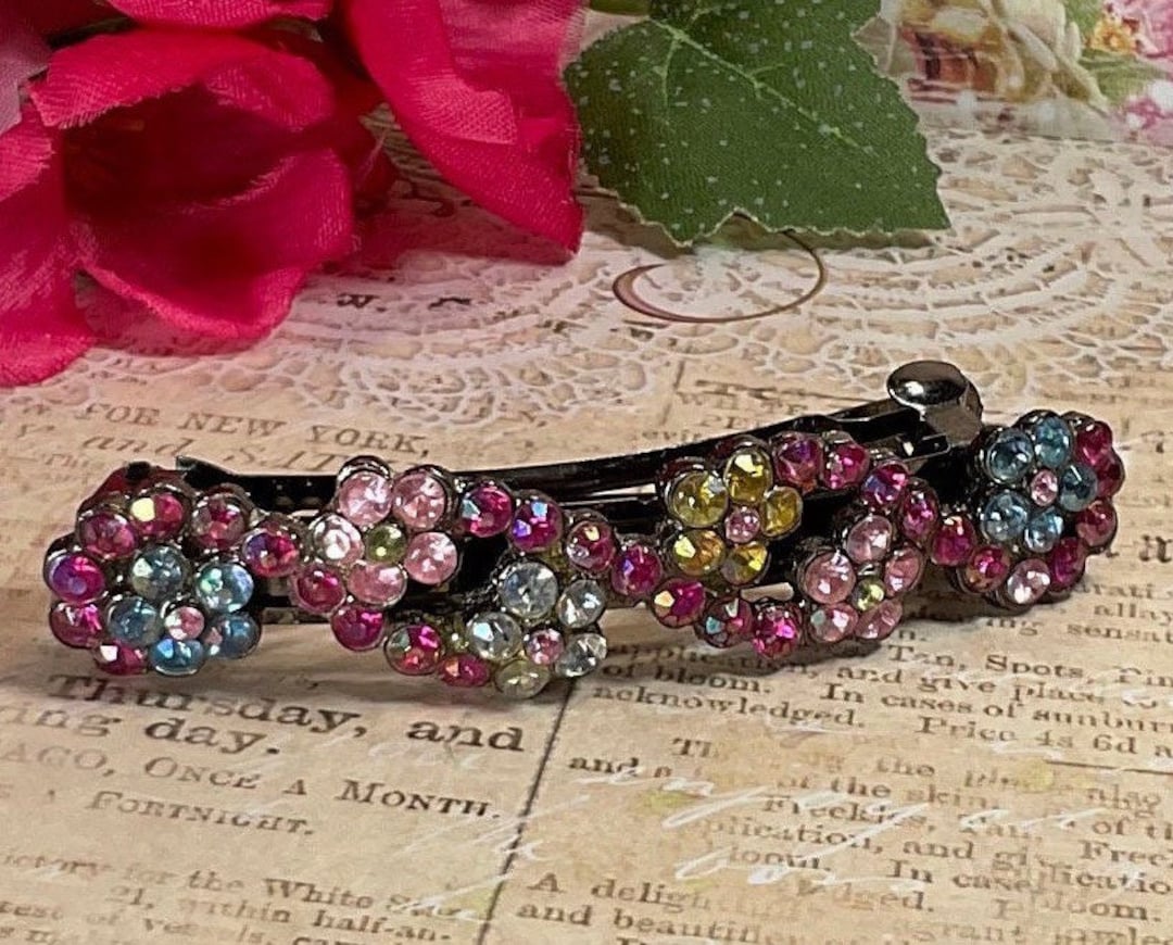 Vintage Rhinestone Flower Barrette Hair Clip With Pastel Etsy
