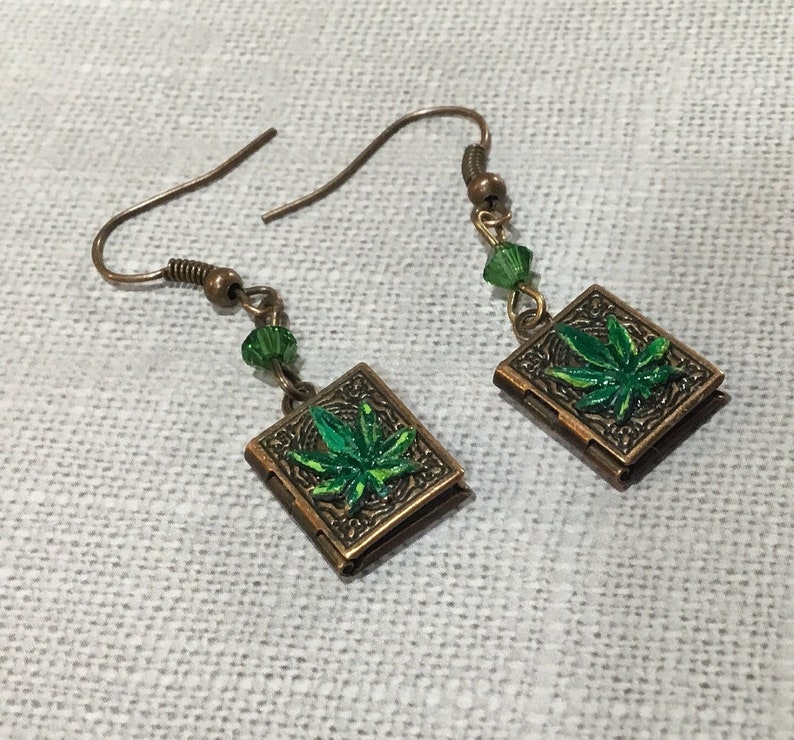 keepsake cannabis earrings. hand painted tiny book earrings Book lovers gift Cute photo Tiny cannabis marijuana weed earrings