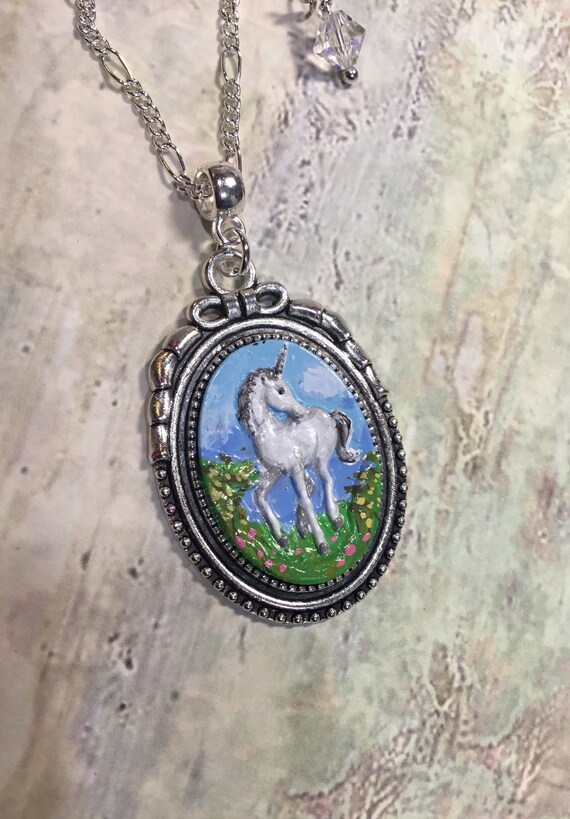 Unicorn Cameo Necklace. Hand Painted 