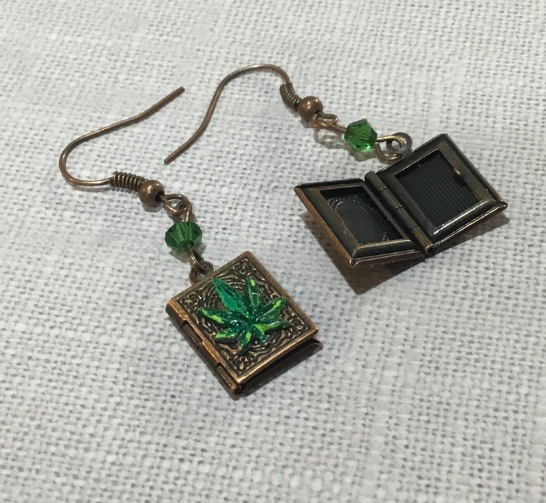 keepsake cannabis earrings. hand painted tiny book earrings Book lovers gift Cute photo Tiny cannabis marijuana weed earrings