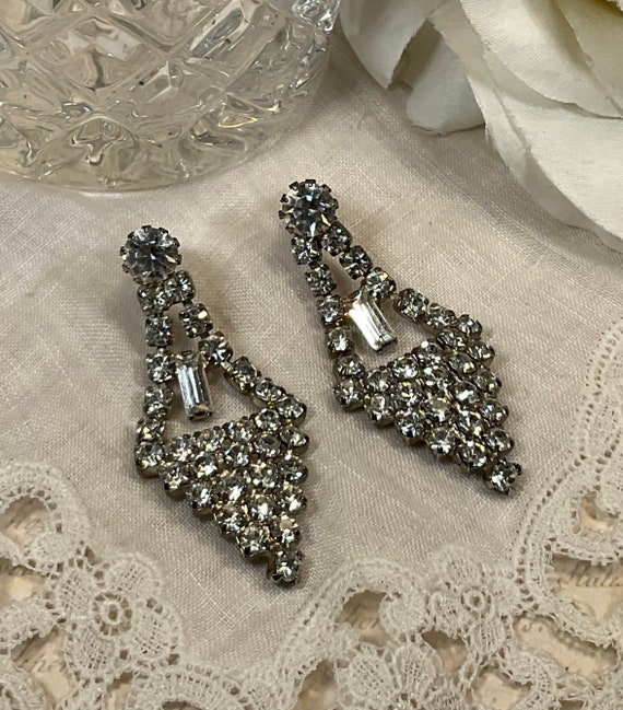 Art Deco rhinestone earrings, vintage diamond sha… - image 3