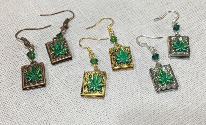keepsake cannabis earrings. hand painted tiny book earrings Book lovers gift Cute photo Tiny cannabis marijuana weed earrings